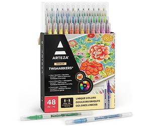 ARTEZA Lot de 48 feutres double pointe | 48 couleurs éclatantes | Feutre coloriage pointe fine et feutre pinceau | Feutres calligraphie | Feutre mandala | Feutres coloriage adultes et enfants