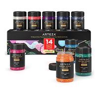 ARTEZA Peinture acrylique pailletée, 14 couleurs, flacons de 60 ml, base transparente, peinture acrylique irisée avec paillettes, pour toile, papier et bois