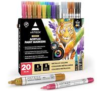 ARTEZA Stylos à peinture acrylique métallisée, lot de 20, 16 marqueurs métalliques longue durée avec pointe en plastique et 4 avec pointe ogive, aux surfaces en céramique, au verre, au bois, au tissu