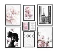 ARTFAVES® Ensemble d'affiches decoration murale - COCO - 8 poster moderne - Salon et chambre Rose, mode, rose, rose, glamour, style de vie, fleurs, parfum, fille - avec cadres noirs