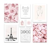 ARTFAVES® Ensemble d'affiches decoration murale - COCO ROSE - 8 poster moderne Salon et chambre - Mode, Glamour, Fleurs, Paris, Fashion - sans cadre