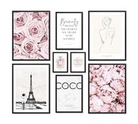 ARTFAVES® Ensemble d'affiches decoration murale - COCO ROSE - 8 poster moderne Salon et chambre - Mode, Glamour, Fleurs, Paris, Fashion - cadres noirs