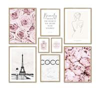 ARTFAVES® Ensemble d'affiches decoration murale - COCO ROSE - 8 poster moderne Salon et chambre - Mode, Glamour, Fleurs, Paris, Fashion - cadres en chêne