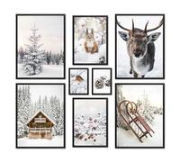 ARTFAVES® Ensemble d'affiches decoration murale - PAYS DES MERVEILLES HIVERNALES - 8 poster moderne - Salon et chambre Noël, neige, cerf, traîneau, nature - avec cadres noirs