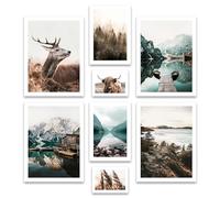 ARTFAVES® Ensemble d'affiches decoration murale - RIVIÈRE MYSTI - 8 poster moderne - Salon et chambre Lac de Braies, forêt, bleu, marron, montagnes, Dolomites - sans cadre