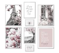 ARTFAVES® Ensemble d'affiches decoration murale - SPRING IN PARIS - 8 poster moderne Salon et chambre - Printemps, noir et blanc, rose, mode - cadres blancs