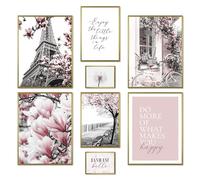 ARTFAVES® Ensemble d'affiches decoration murale - SPRING IN PARIS - 8 poster moderne Salon et chambre - Printemps, noir et blanc, rose, mode - cadres doré