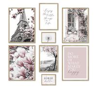 ARTFAVES® Ensemble d'affiches decoration murale - SPRING IN PARIS - 8 poster moderne Salon et chambre - Printemps, noir et blanc, rose, mode - cadres en chêne