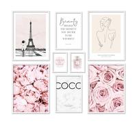 ARTFAVES® - Lot d'affiches - COCO ROSE - Décoration murale 8 affiches modernes Mode, Glamour, Fleurs, Paris - cadre effet chêne