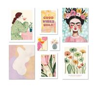 ARTFAVES® - Lot d'affiches - GALERIE D'ART ABSTRAIT - Décoration murale 8 affiches modernes abstrait, pastel, été, printemps, art, Frida Kahlo, fleurs - cadres blancs