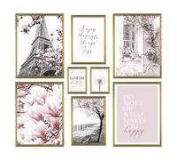 ARTFAVES® - Lot d'affiches - LE PRINTEMPS À PARIS - Décoration murale 8 affiches modernes Printemps, noir et blanc, rose, mode - cadre effet chêne
