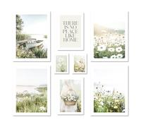 ARTFAVES® Lot de 8 posters - Summer Morning - Décoration murale en plusieurs parties pour salon et chambre à coucher - Décoration murale moderne d'été, printemps, lac, vert, vintage, fleurs, prairie