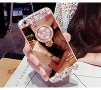 Artfeel Briller Miroir Coque pour Samsung Galaxy A6 Plus 2018, Bling Brillant Diamant Strass avec Anneau Béquille Étui,Très Mince Clair Souple Silicone Maquillage Miroir Support Housse-Or Rose