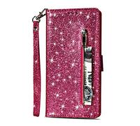 Artfeel Fermeture éclair Portefeuille Coque pour Samsung Galaxy S9 Plus,Étui Bling Briller en Cuir Housse avec Porte-Carte, Flip Fermeture Magnétique Support Étui avec Poche Dragonne-Rose Rouge