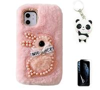 Artfeel Peluche Coque pour Huawei P30 Pro,Mignon 3D Perle Lapin Duveteux Fourrure Hiver Chaud Souple Poilu Étui Glitter Diamant Doux Silicone Housse pour Filles Femmes,Rose Lapin