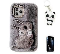 Artfeel Peluche Coque pour Samsung Galaxy A20E,Mignon 3D Perle Lapin Duveteux Fourrure Hiver Chaud Souple Poilu Étui Glitter Diamant Doux Silicone Housse pour Filles Femmes,Gris Lapin