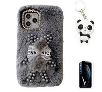 Artfeel Peluche Coque pour Xiaomi Redmi Note 10 5G,Mignon 3D Perle Ours Duveteux Fourrure Hiver Chaud Souple Poilu Étui Glitter Diamant Doux Silicone Housse pour Filles Femmes,Gris Ours