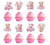 Arthsdite Lot de 24 décorations de cupcakes en forme d'ours pour fête prénatale, robe de fête prénatale, voiture et chaise à bascule, décorations de fête d'anniversaire pour garçons - Rose