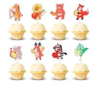 Arthsdite Lot de 24 décorations pour cupcakes animaux de la jungle avec instrument de musique Lion Ours Renard Zèbre Feuilles tropicales Décorations de gâteaux