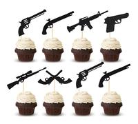 Arthsdite Lot de 24 décorations pour cupcakes sur le thème du pistolet - Pour fête prénatale, fête d'anniversaire, décoration de gâteaux - Noir pailleté