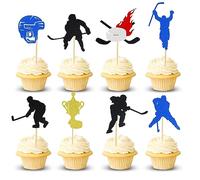Arthsdite Lot de 24 décorations pour cupcakes - Trophées de joueurs de hockey - Thème sportif - Pour fête prénatale - Pour enfants - Garçons et filles - Décorations de gâteaux - Noir bleu foncé
