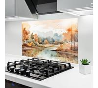 ARTHUB® Crédence de Cuisine en Verre 50x70 cm, Watercolor Autumn | Protection Contre Les éclaboussures, Revêtement Mural en Carreaux, Plaque en Verre, Verre trempé, Paysages, Automne