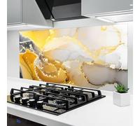 ARTHUB® Crédence de Cuisine en Verre 60x120 cm, Yellow Grey Marble | Protection Contre Les éclaboussures, Revêtement Mural en Carreaux, Plaque en Verre, Verre trempé, Abstrait, Marbre