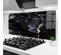 ARTHUB® Crédence de Cuisine en Verre 60x150 cm, Gold Lines on Black | Protection Contre Les éclaboussures, Revêtement Mural en Carreaux, Plaque en Verre, Verre trempé, Abstrait, Marbre