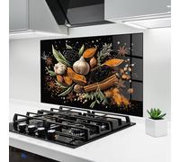 ARTHUB® Crédence de Cuisine en Verre 70x100 cm, Garlic and Spices | Protection Contre Les éclaboussures, Revêtement Mural en Carreaux, Plaque en Verre, Verre trempé, Aliments, Épices