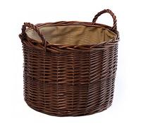 Arthur Cameron Panier à bûches circulaire de luxe en osier avec poignées et doublure - Grand panier de rangement en osier rond, panier à bûches rond, panier rond (Grand, Brun distillé)