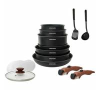 Arthur Martin Batterie de cuisine AM1502 – 15 pièces, poignée amovible effet bois, induction