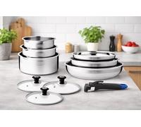 Arthur Martin - Batterie de Cuisine 10 Pièces - Acier Inoxydable 18/10 - Tous Feux dont Induction - 3 Couvercles Verre - Poêles Ø20/22/26 cm - Casseroles Ø16/18/20 cm - Bec Verseur Gradué