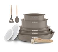 Arthur Martin - Batterie de Cuisine 10 Pièces, Poêles 20-22-26 cm, Casseroles 16-18 cm, Couvercles Hermétiques, Ustensiles en Bois et Silicone, Aluminium 2,5 mm, Céramique, Marron