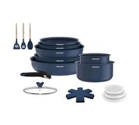 Arthur Martin - Batterie de Cuisine 18 Pièces, Poêles 20-22-26 cm, Casseroles 16-18 cm, Sauteuse 24 cm, Wok 28 cm, Couvercles en Verre et Hermétiques, Ustensiles Bois, Bleu