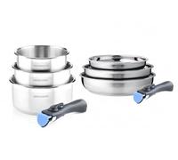 ARTHUR MARTIN - Batterie De Cuisine Inox 8 Pièces - 3 Casseroles Ø 16, 18, 20 cm - 2 Manches Amovibles - Compatible Induction - Ensemble Pratique Et Fonctionnel