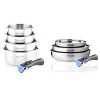 ARTHUR MARTIN - Batterie De Cuisine Inox 9 Pièces - 5 Casseroles Ø Variés - 2 Manches Amovibles - Couvercles Verre Ergonomiques - Compatible Induction - Ensemble Pratique Et Compact