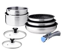 Arthur Martin, Ensemble de Cuisine 8 pièces en Acier Inoxydable - 3 Poêles (20-24-26 cm), 2 Casseroles (16-20 cm), 2 Couvercles en Verre, Poignée, Tous Feux Induction, Intérieur Anti-Adhérent