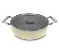 ARTHUR MARTIN, Faitout bas 28 cm Grand Chef, Aluminium forgé, revêtement anti adhérent, poignées et anses en acier rivet et couvercles en verre, Tous feux dont induction, Crème