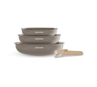 Arthur Martin - Set de 3 Poêles en Aluminium 2,5 mm, Revêtement Céramique et Poignée Effet Bois, Compatibles Tous Feux Dont Induction, 20-24-28 cm, Marron