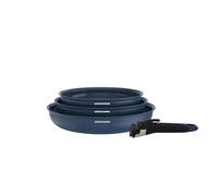 Arthur Martin - Set de 3 Poêles en Aluminium 2,5 mm, Revêtement Céramique et Poignée Effet Bois, Compatibles Tous Feux Dont Induction, 20-24-28 cm, Bleu
