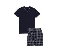ARTHUR - Pyjama Court Homme 100% Coton Jersey - Ensemble Manches Courtes & Short à Motifs Carreaux Marine Blanc - Léger, Doux et Respirant - Taille M