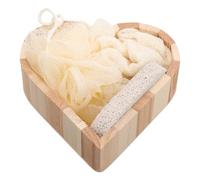 Artibetter Ensemble de Massage Forme Cœur Brosse Exfoliante en Éponge et Bois, Plateau en Bois Cœur, Pierre et Boule de Bain Pe pour Gommage