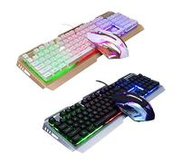 Artibetter Kit Clavier et Souris Gamer Mécanique USB Rétroéclairé LED Arc-Ciel Tungstène Doré Panneau Métal Finition Sablée Touches Flottantes Raccourci Multimédia