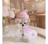 Article populaire : Gobelet Starbucks Corée édition limitée officielle 591 ml, transparent, motif ours, avec couvercle rose mignon et paille rayée, pour boissons froides Bearista B