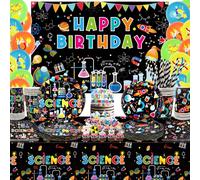 Articles de fête scientifique, bannière « Happy Birthday », assiettes, nappes, gobelets, ballons et pailles, pour la décoration d'un petit laboratoire de scientifiques pour 20 invités (backdrop)