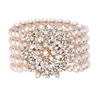 ArtiDeco Bracelet en Perles Synthétiques Style Gatsby Années 20 - Accessoire Élastique Avec Décoration en Cristal (Rose Doré 4)