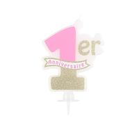 bougie 1er anniversaire rose bobèche 10x8cm - 79636