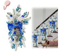 Artificial Christmas Teardrop Swag for Stair Decoration, Cordless Stairway Teardrop Trim Wreath with Lights, Rustic Xmas Garland with Bowknot Berries Ball Ornaments