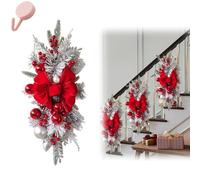 Artificial Christmas Teardrop Swag for Stair Decoration, Cordless Stairway Teardrop Trim Wreath with Lights, Rustic Xmas Garland with Bowknot Berries Ball Ornaments