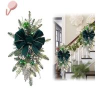 Artificial Christmas Teardrop Swag for Stair Decoration, Cordless Stairway Teardrop Trim Wreath with Lights, Rustic Xmas Garland with Bowknot Berries Ball Ornaments